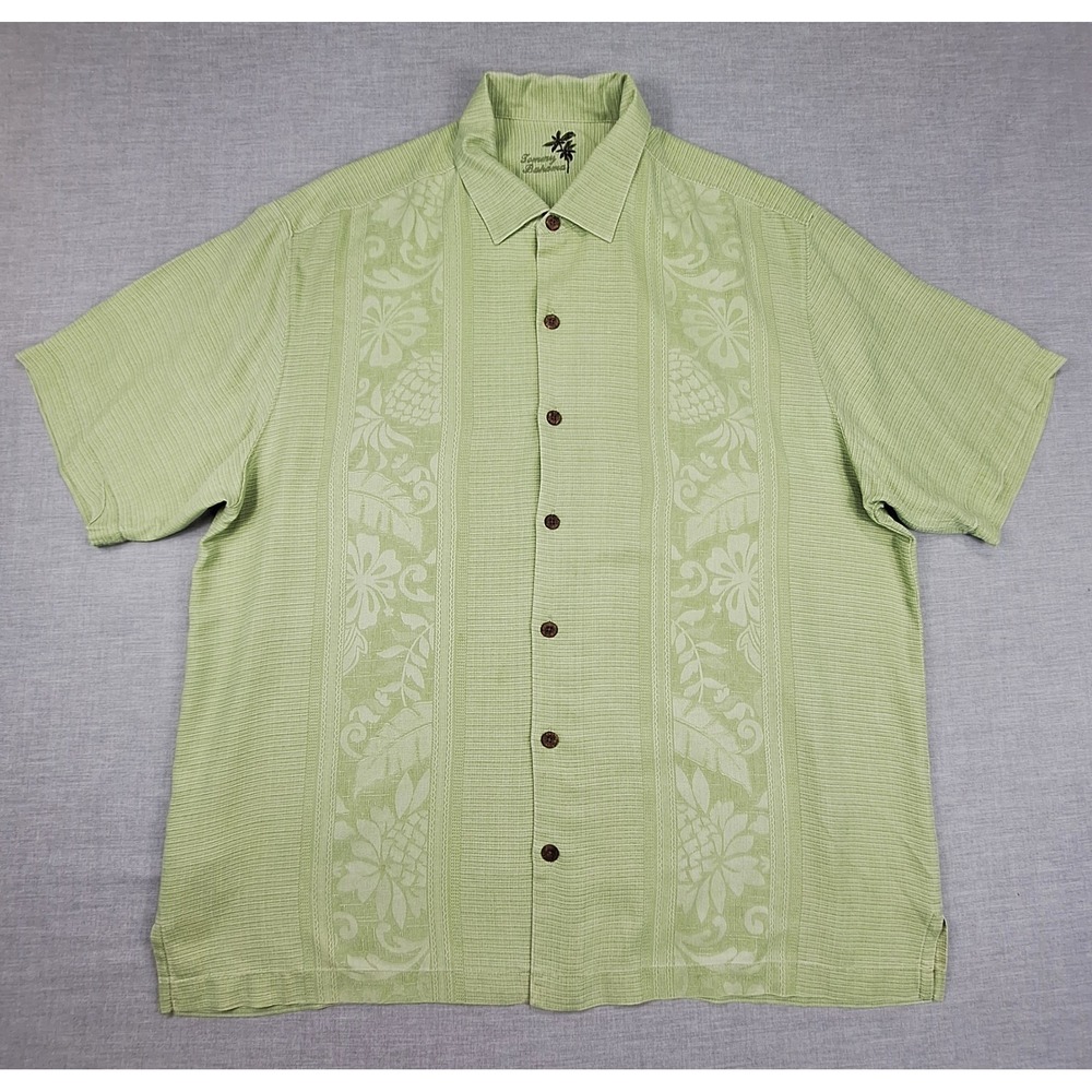 Tommy Bahama Mens XL Silk Short Sleeve Button Down Shirt Sage Green Jacquard